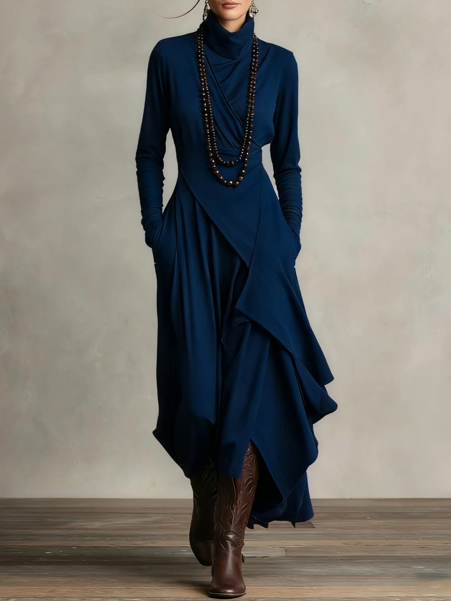 Tessa | Asymmetric Knit Maxi Dress with Turtleneck