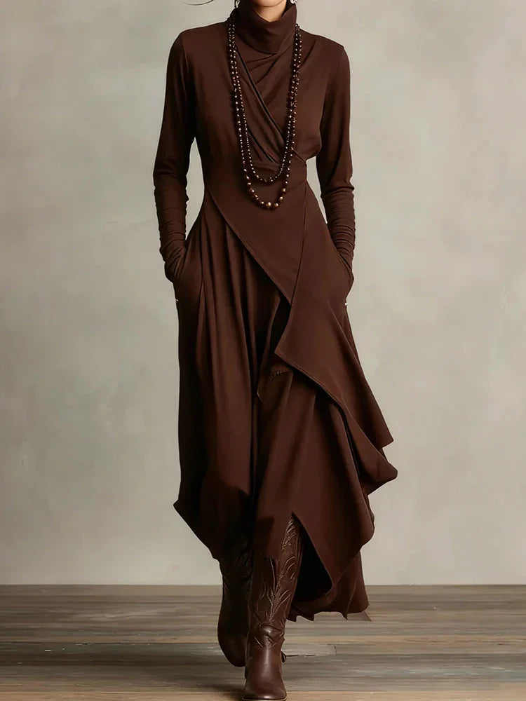 Tessa | Asymmetric Knit Maxi Dress with Turtleneck